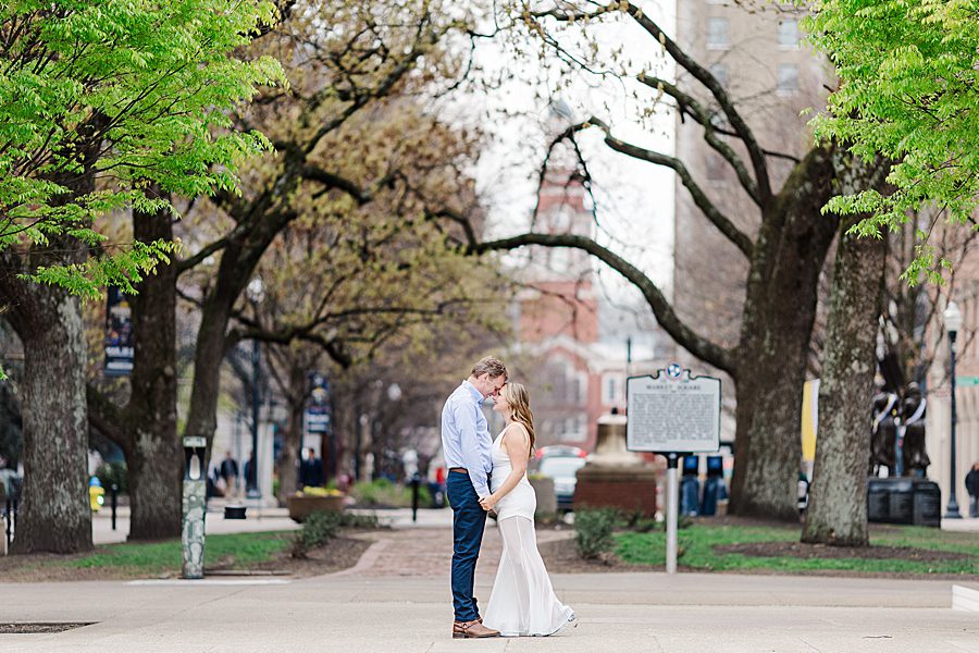 kissing at spring downtown knoxville engagement