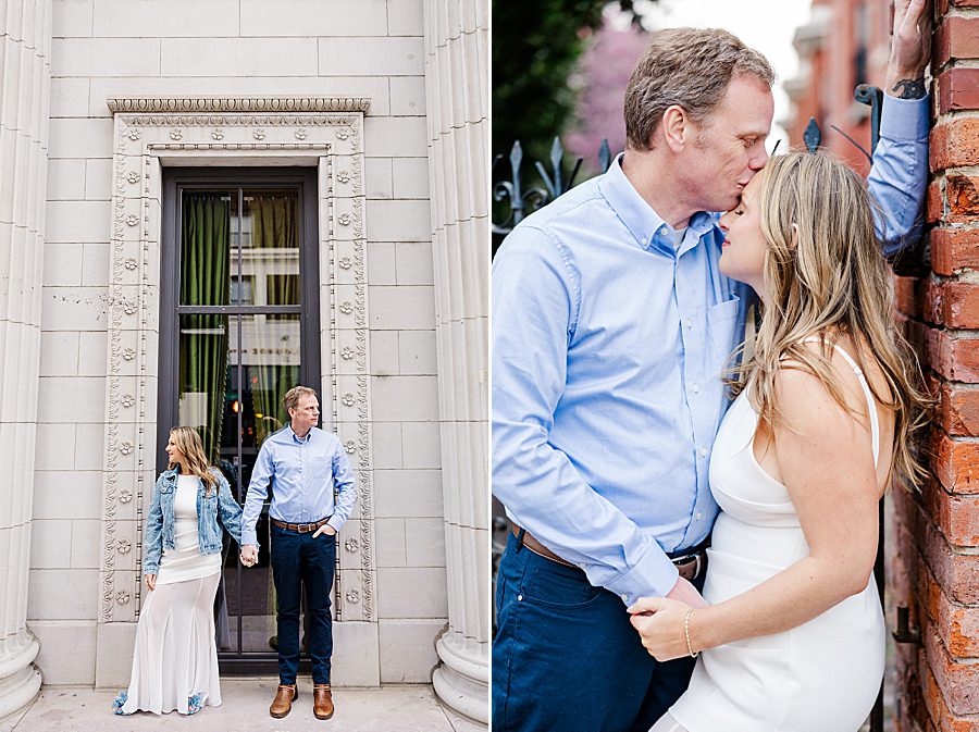 kiss on forehead at spring downtown knoxville engagement