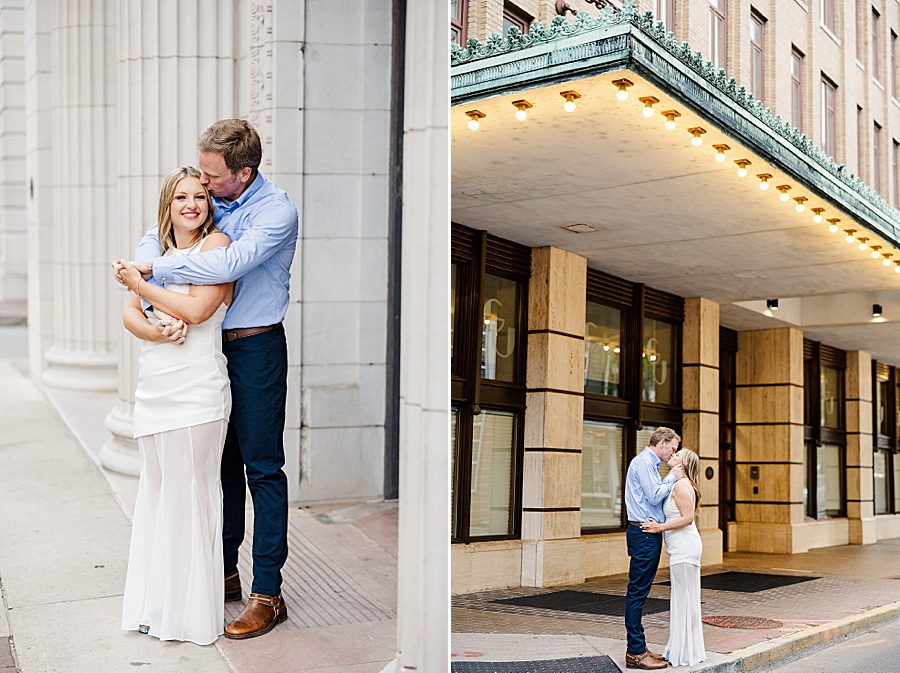 couple standing under awning at spring downtown knoxville engagement