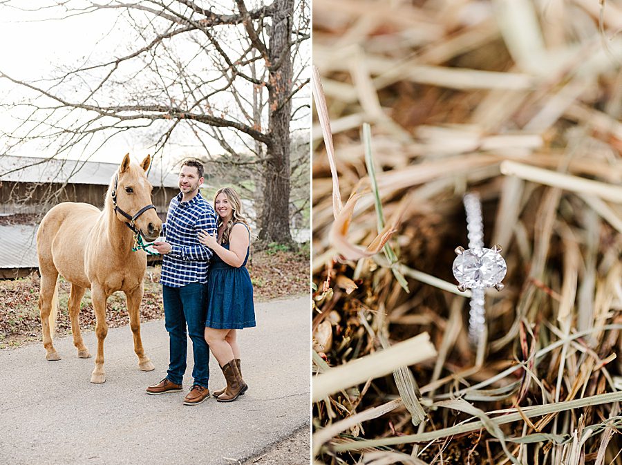 engagement ring at engagement session with a horse
