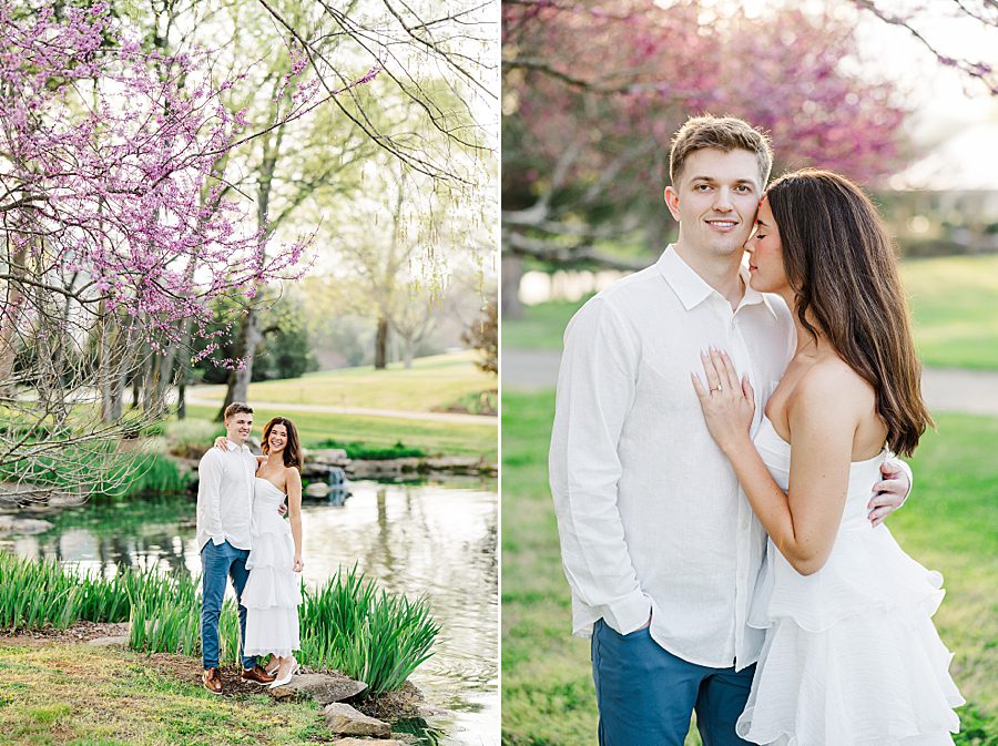 couple standing by pond at sunrise marblegate farm engagement