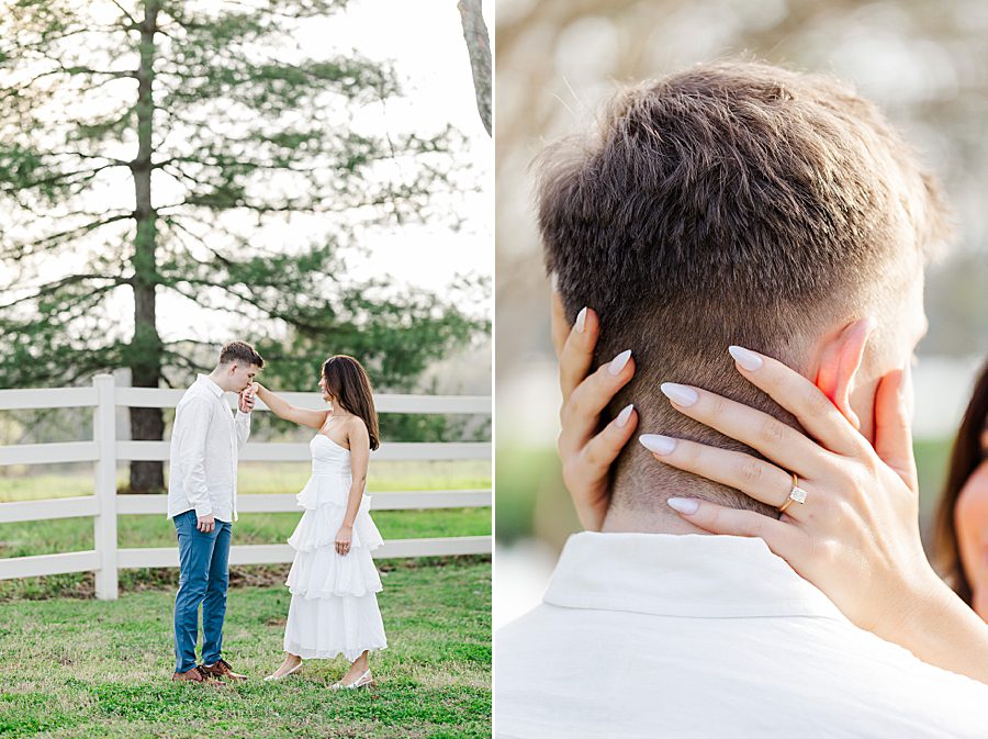 close up of ring on hand at sunrise marblegate farm engagement