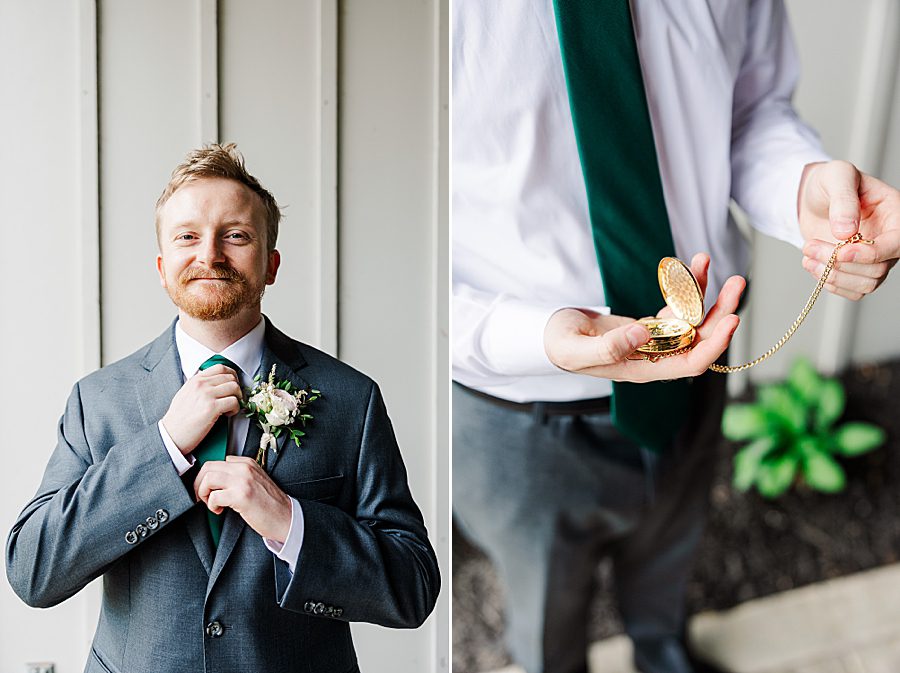 groom holding pocket watch at rainy wedding at ramble creek