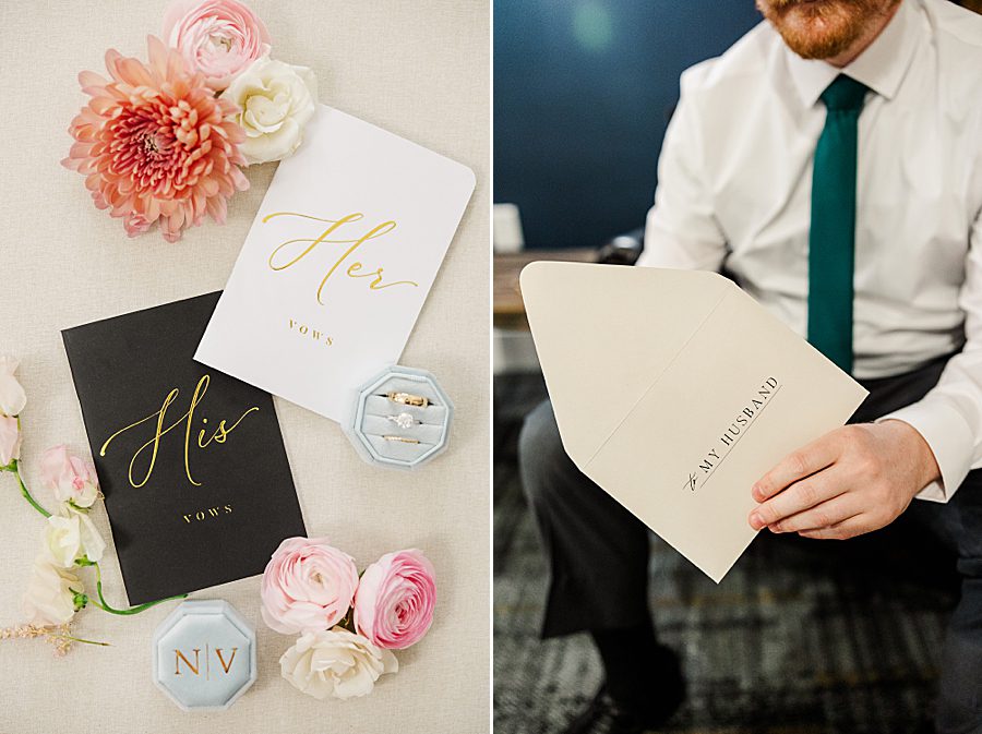 groom opening letting from bride at rainy wedding at ramble creek