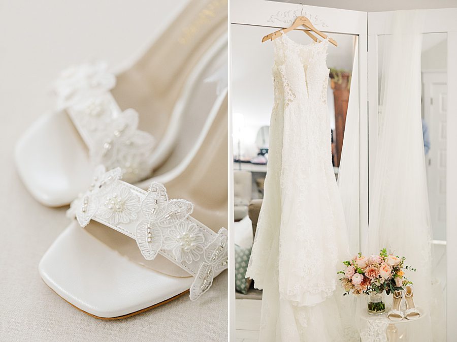wedding dress on hanger at rainy wedding at ramble creek