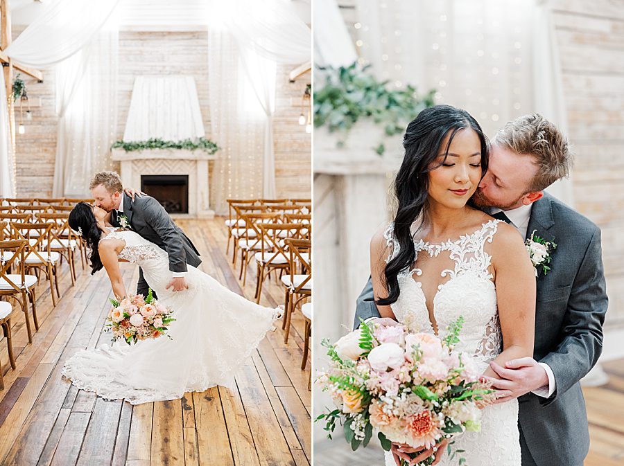 dip kiss at rainy wedding at ramble creek