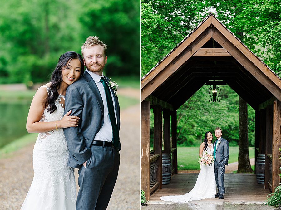 couple under bridge at rainy wedding at ramble creek