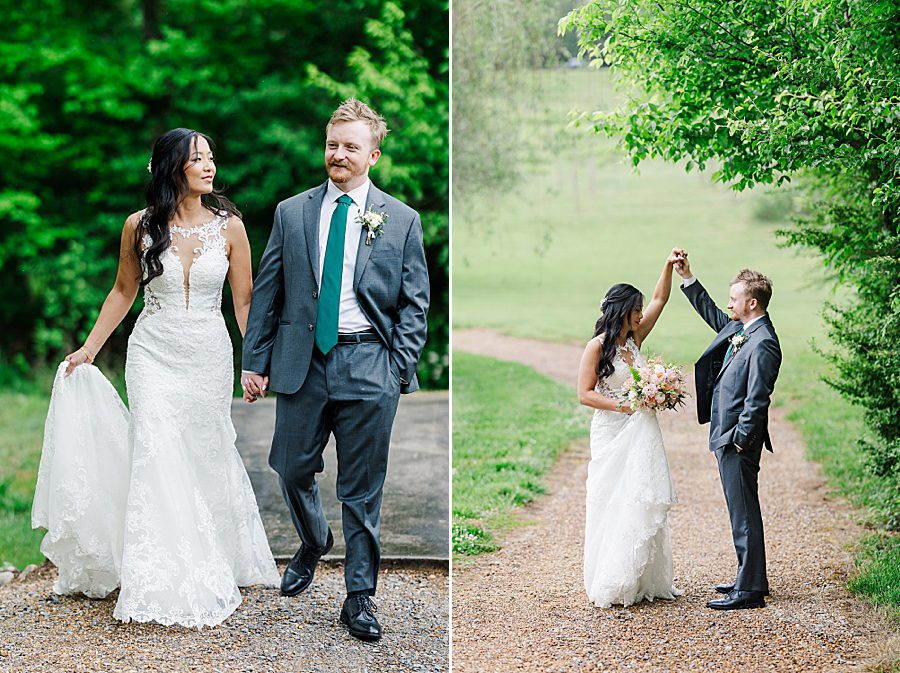 groom twirling bride at rainy wedding at ramble creek