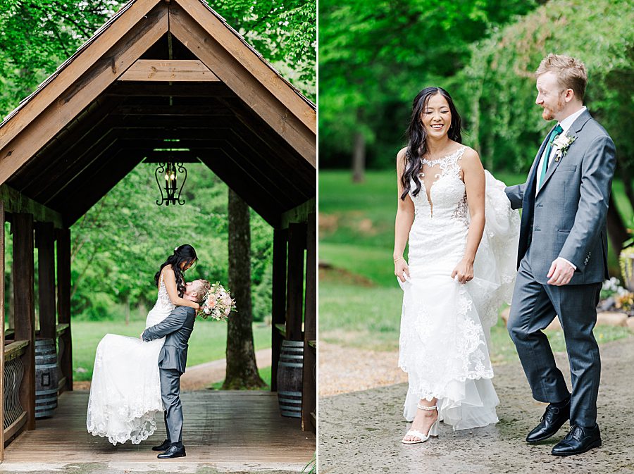 groom holding bride at rainy wedding at ramble creek