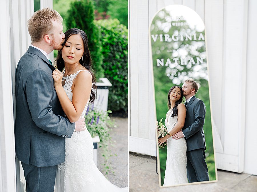 kiss on temple at rainy wedding at ramble creek
