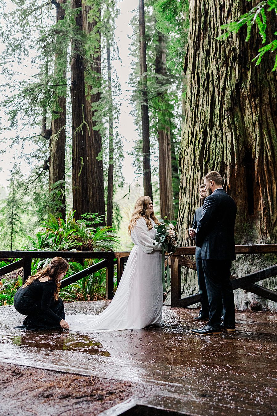 fluffing dress at Redwood National Park Wedding