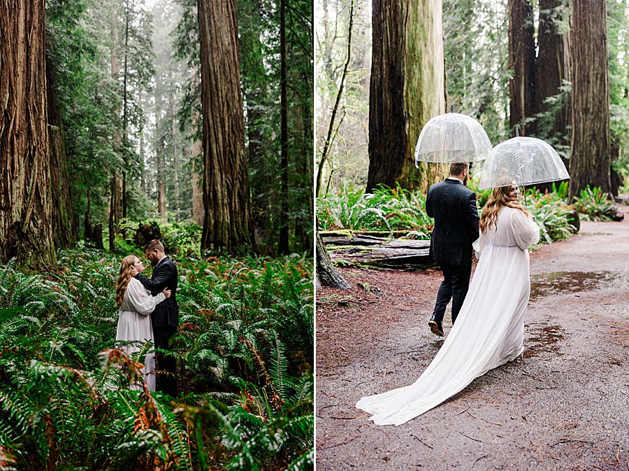bride and groom under umbrellas