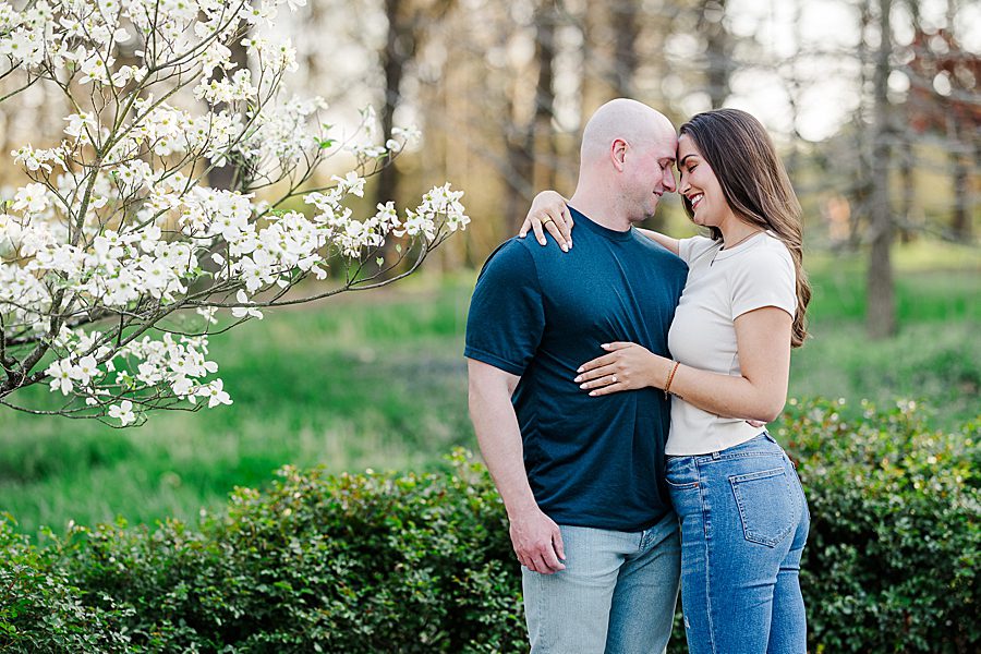 foreheads together at spring engagement at knoxville botanical