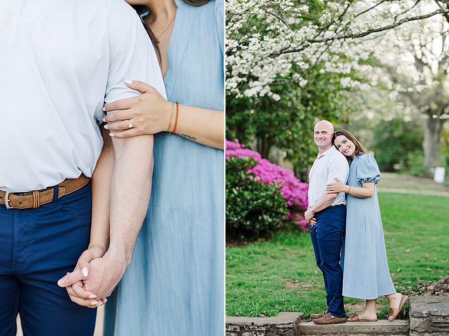 couple holding hands at spring engagement at knoxville botanical
