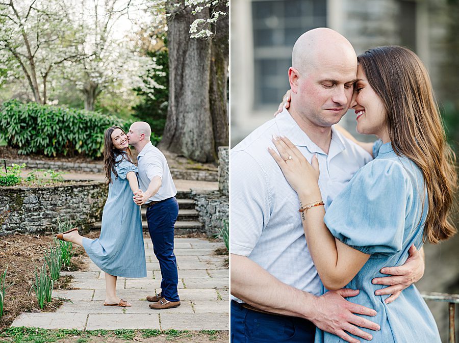 kiss on cheek at spring engagement at knoxville botanical