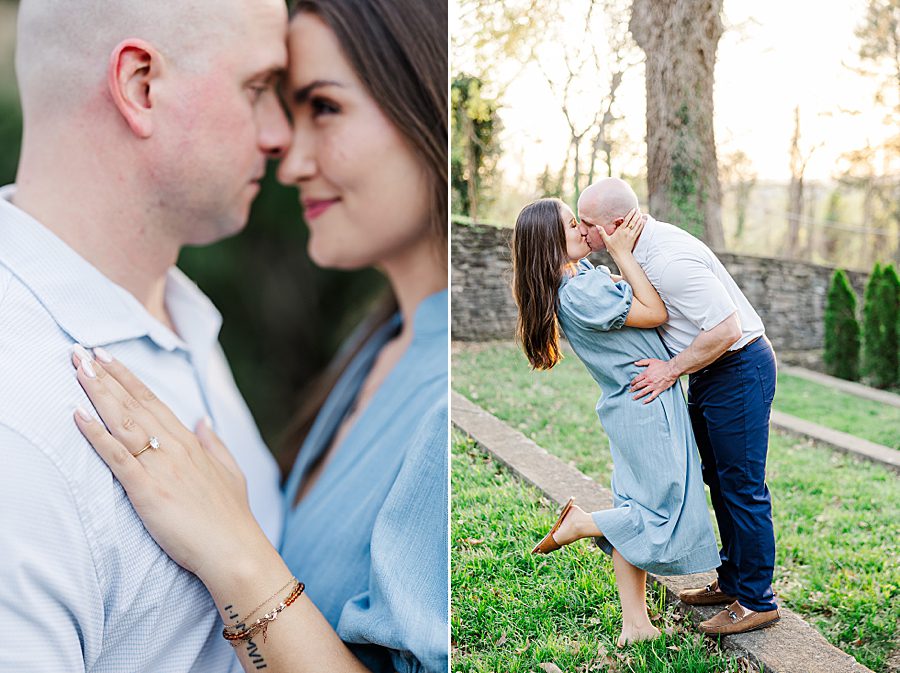 dip kiss at spring engagement at knoxville botanical