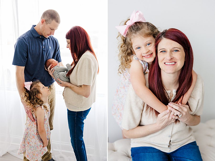 mom and daughter at white room studio newborn session