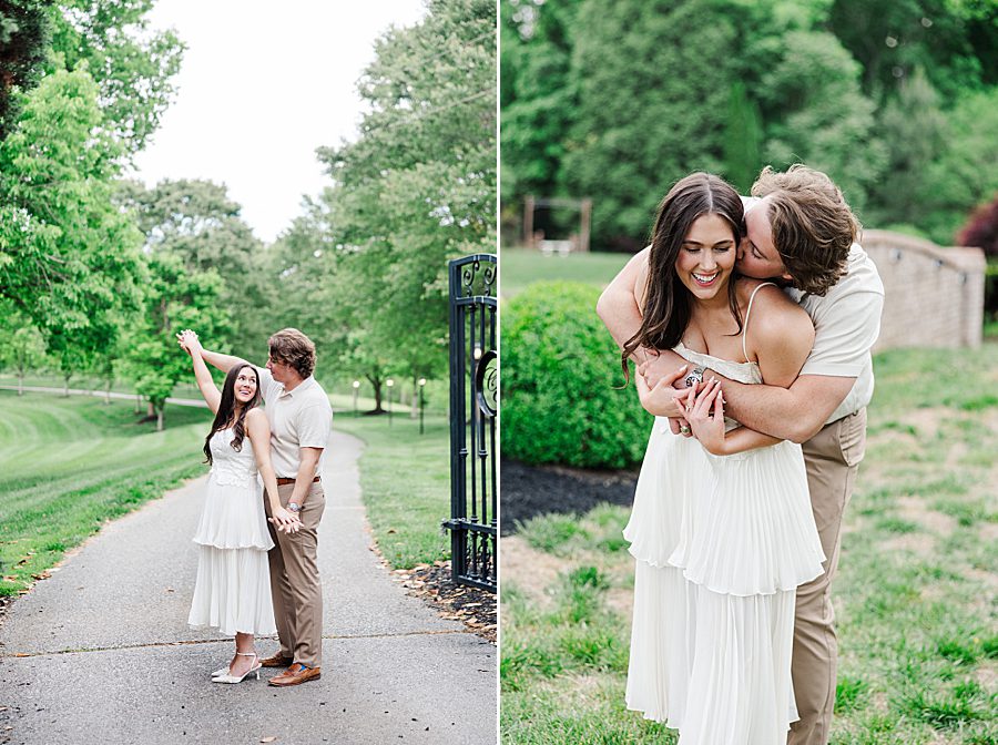 man hugging woman from behind and giving kiss on cheek