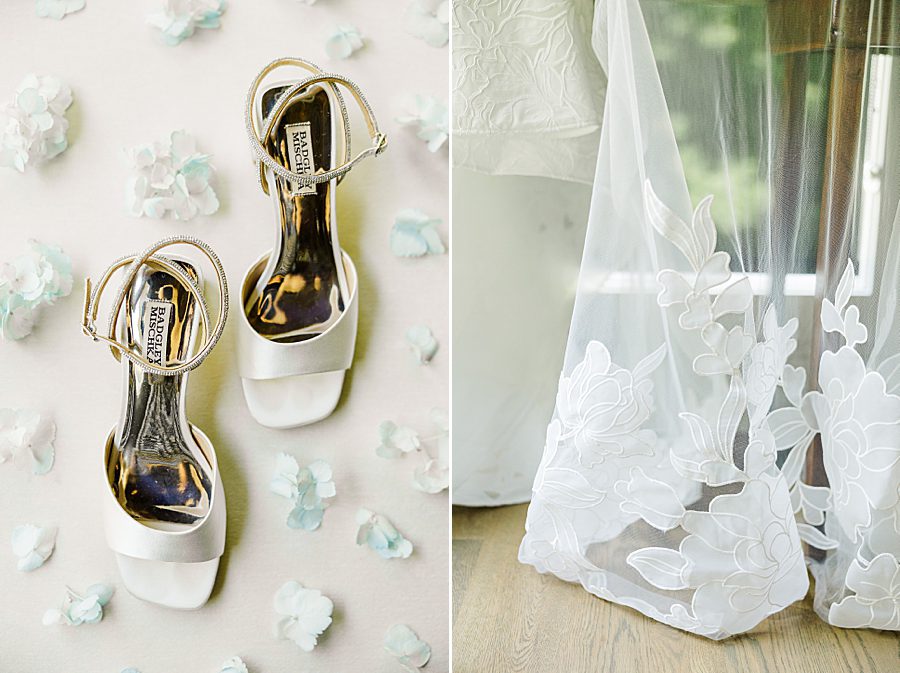 wedding shoes and lace dress train