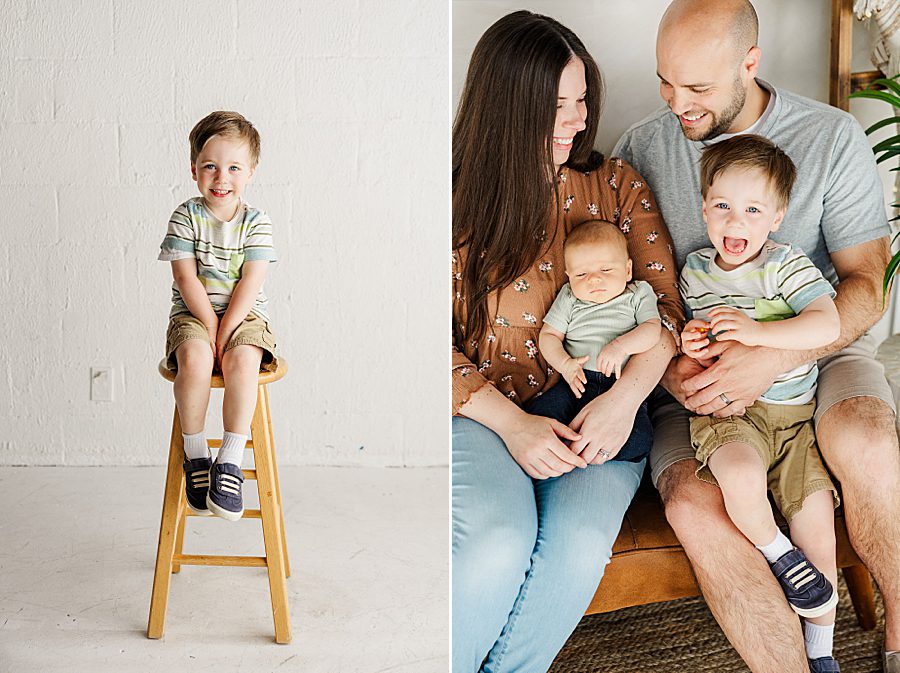 little boy sitting on wooden stool at six week session