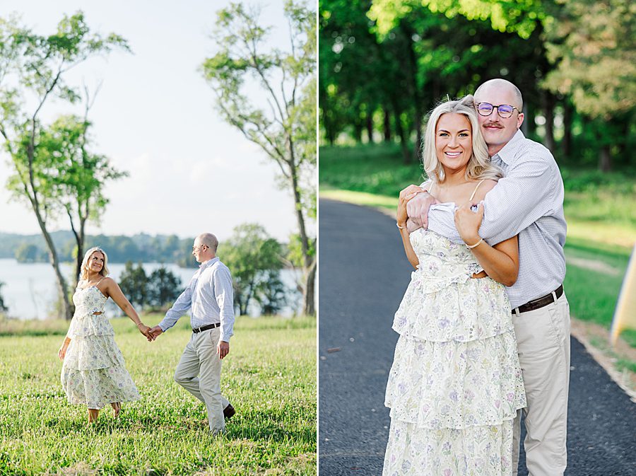 couple holding hands and walking through field at marblegate engagement