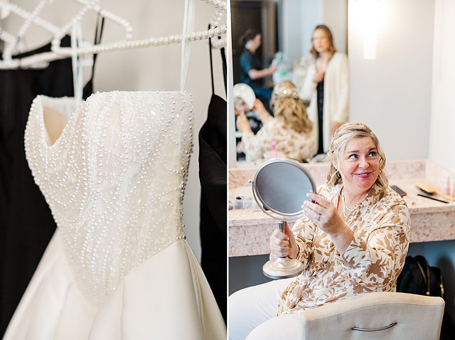 wedding dress on hanger at press room catholic wedding