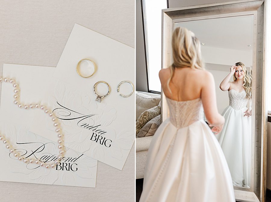 bride looking in mirror at press room catholic wedding