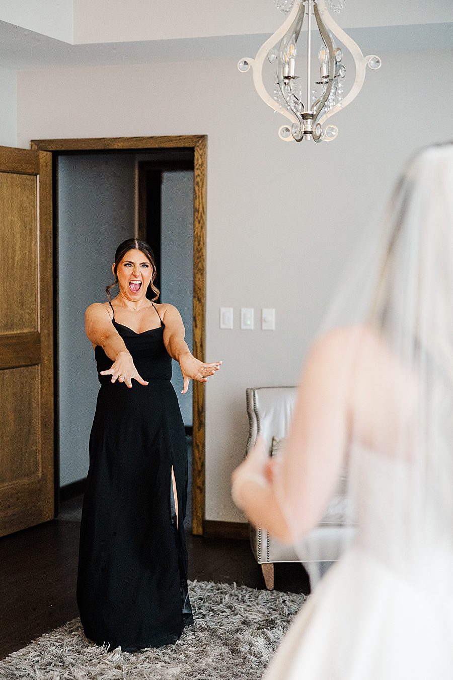 second bridesmaid first look at press room catholic wedding