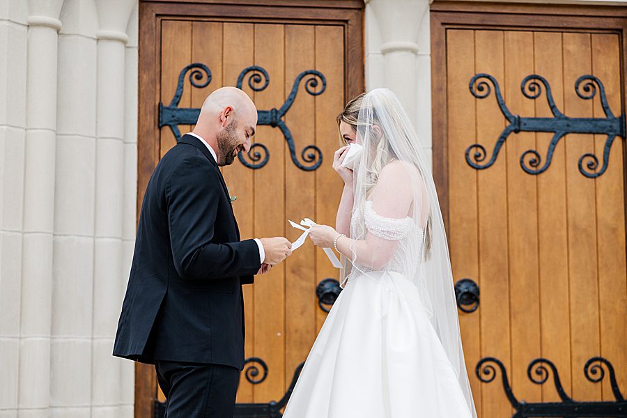 emotional bride at press room catholic wedding