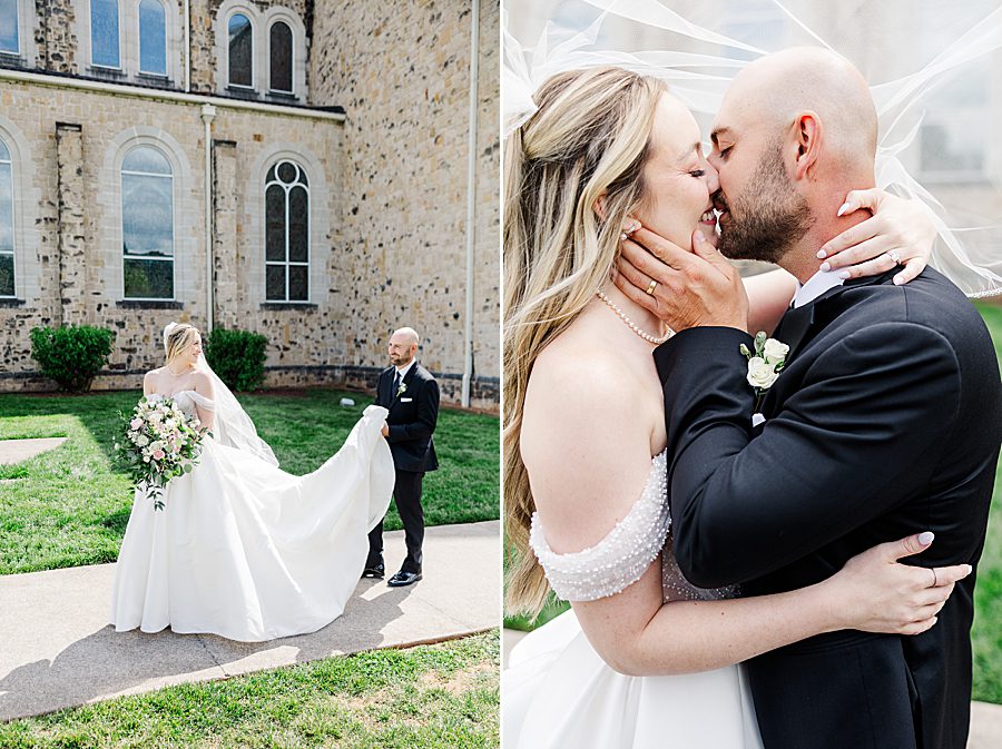 couple kissing at press room catholic wedding
