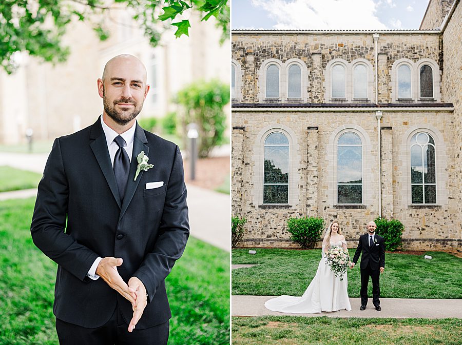 groom portrait at press room catholic wedding