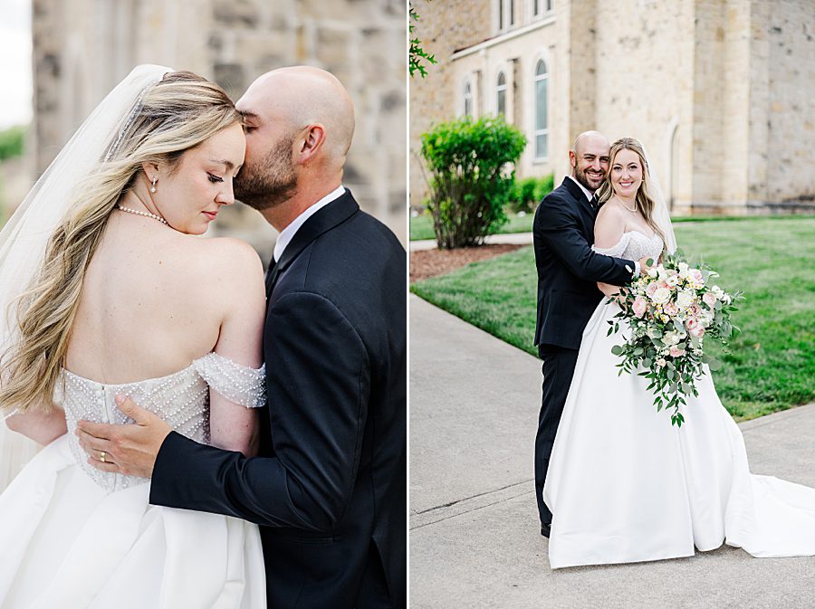 kiss on forehead at press room catholic wedding