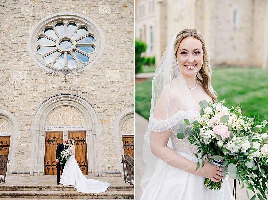 bride holding bouquet at press room catholic wedding
