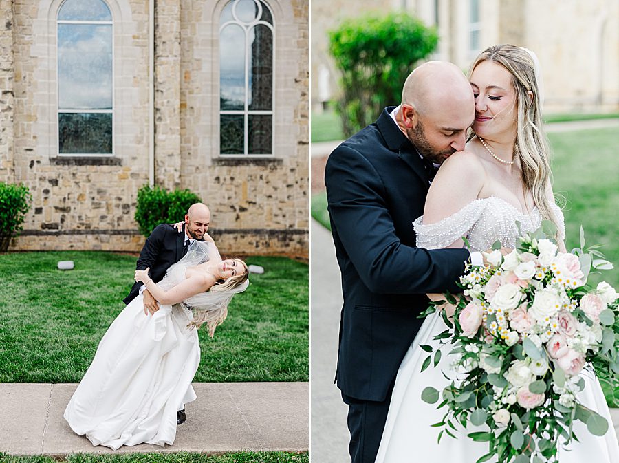 kiss on shoulder at press room catholic wedding