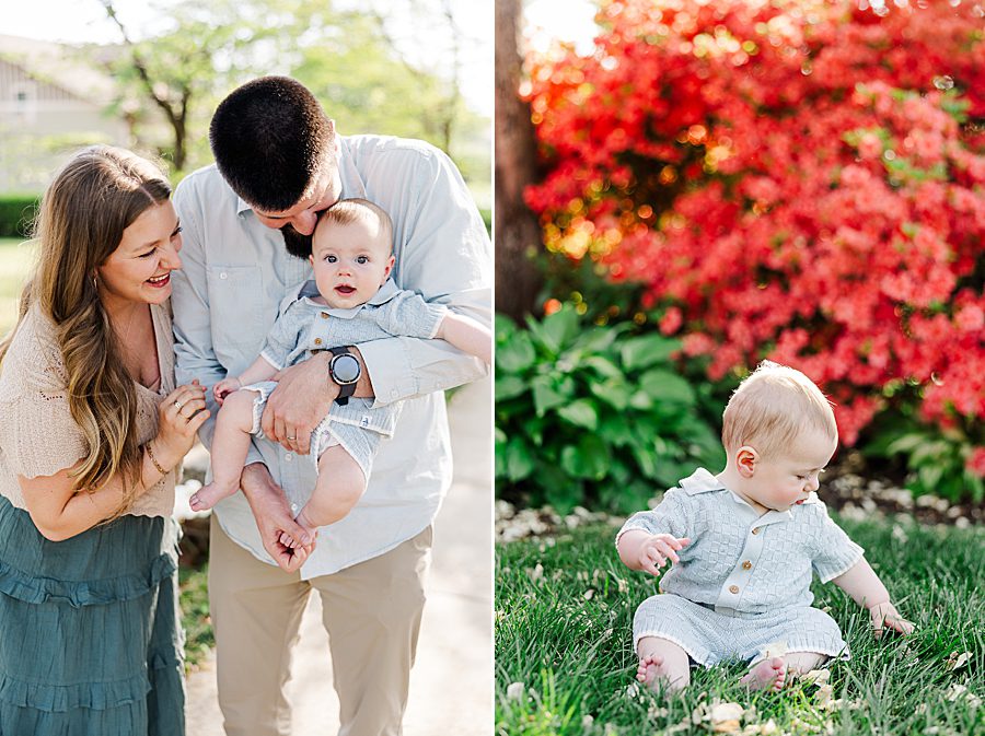 baby sitting in front of red azalea