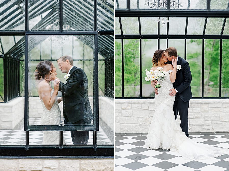 couple kissing behind foggy greenhouse window
