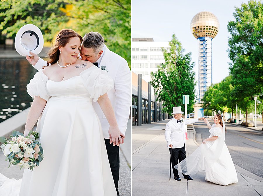 couple dancing with sunsphere in background at world's fair site