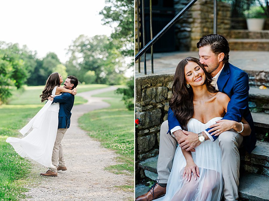 man twirling woman at garden engagement session
