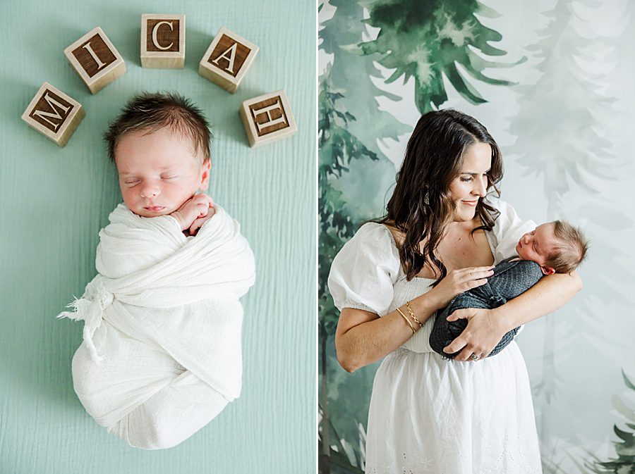 mom holding son at newborn family session