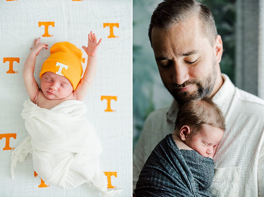 dad holding son and newborn stretching on UT sheets