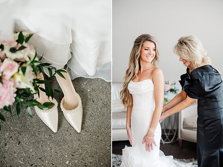 zipping up wedding dress at summer press room wedding
