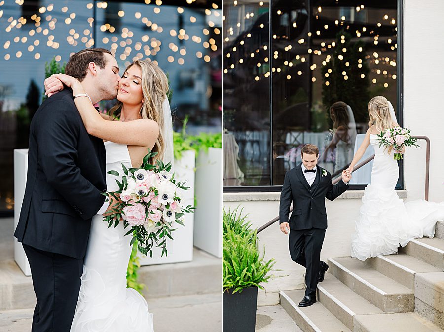 bride and groom walking down stairs at summer press room wedding