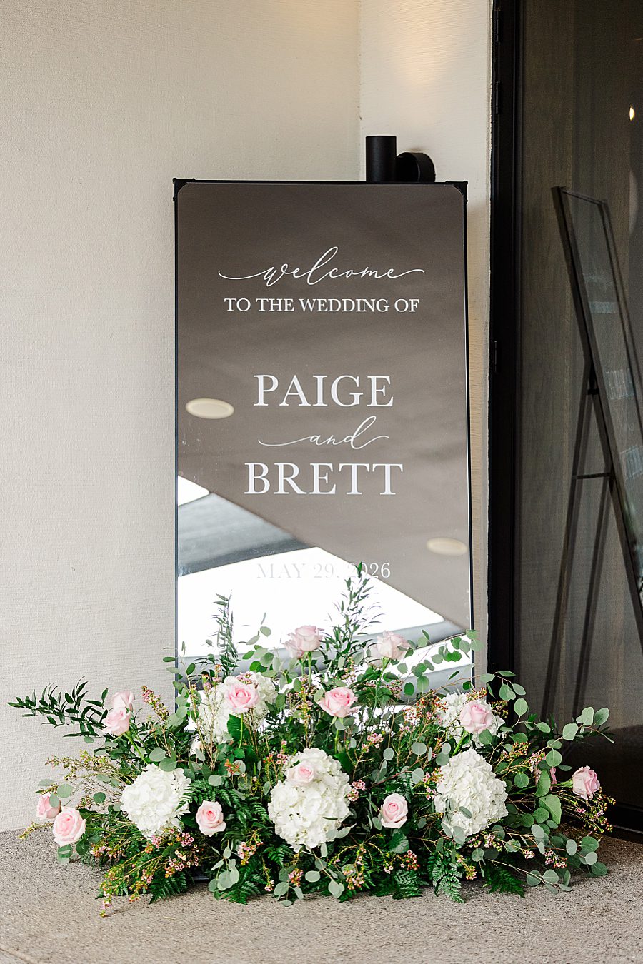 wedding welcome mirror at summer press room wedding