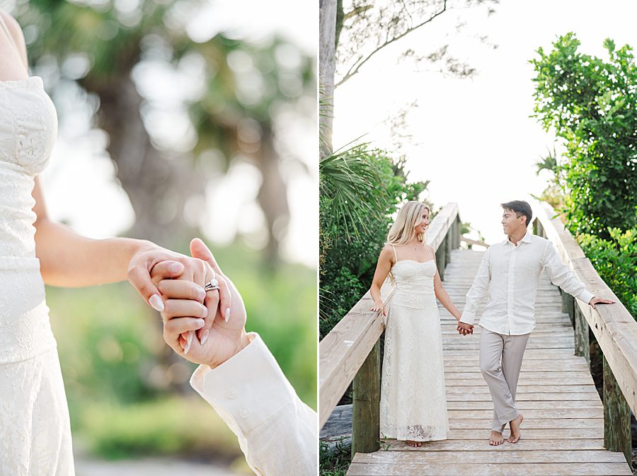couple walking down wood bridge at anna maria island anniversary session
