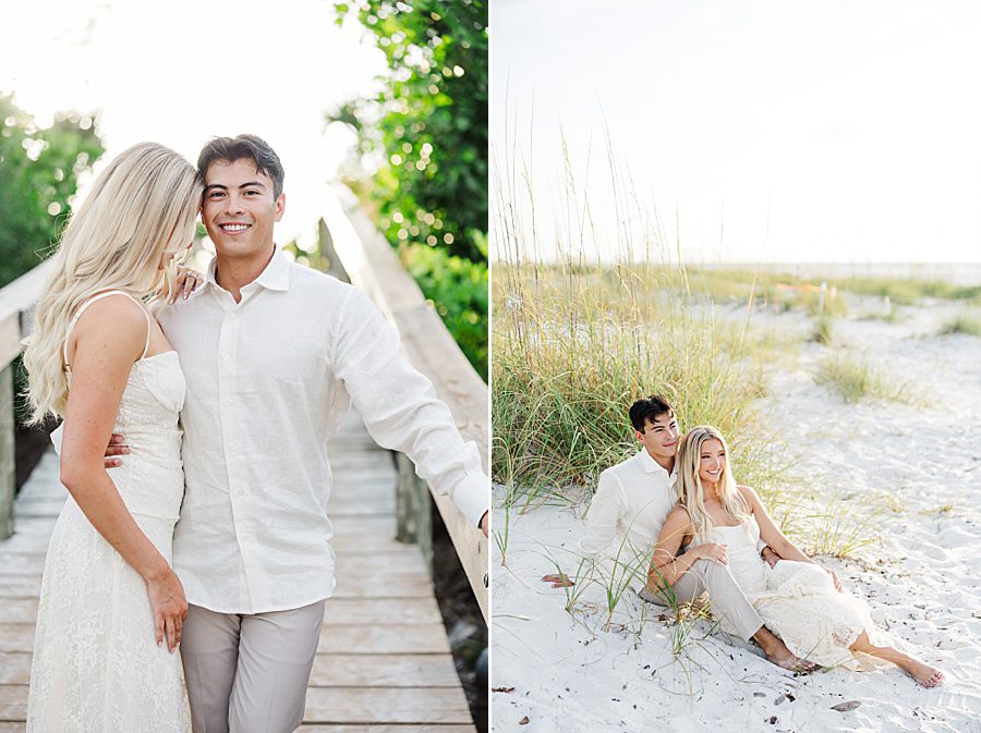couple sitting in sand at anna maria island anniversary session