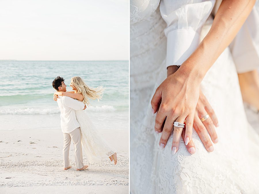 man twirling woman on beach at anna maria island anniversary session