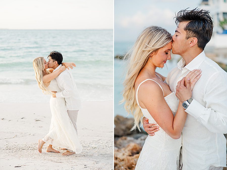 man kissing woman's forehead during beach session