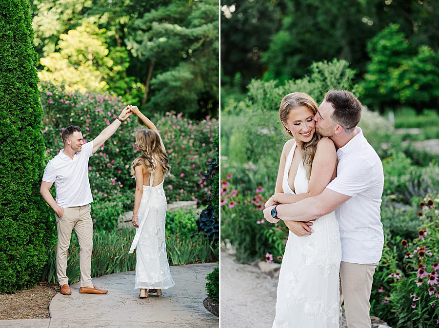 man twirling woman at engagement session at knox botanical