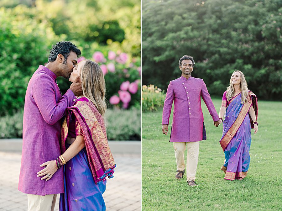 couple in purple outfits at lakeshore park wedding portraits