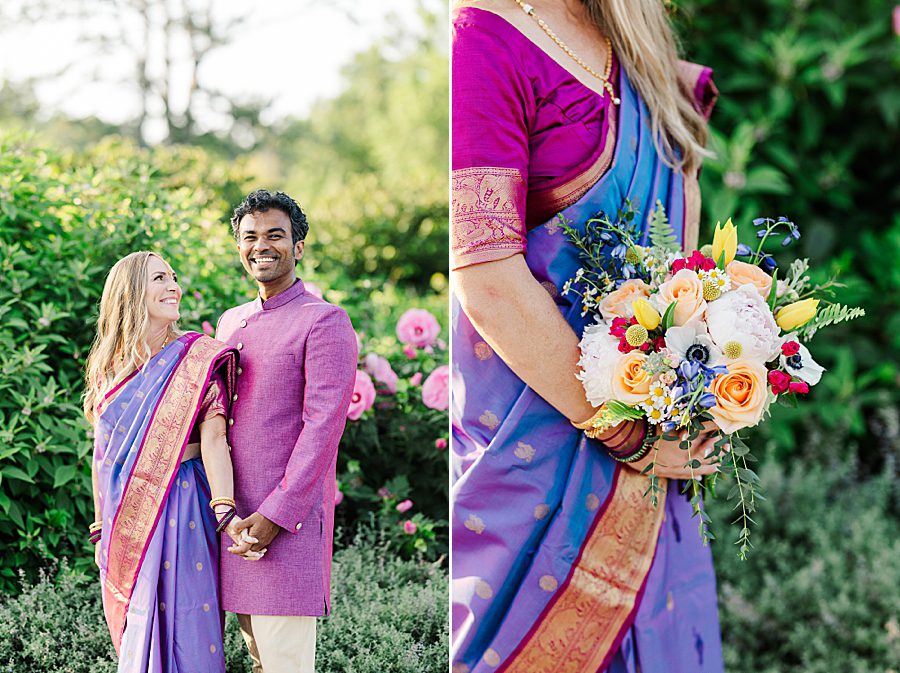 woman holding flower bouquet at lakeshore park wedding portraits
